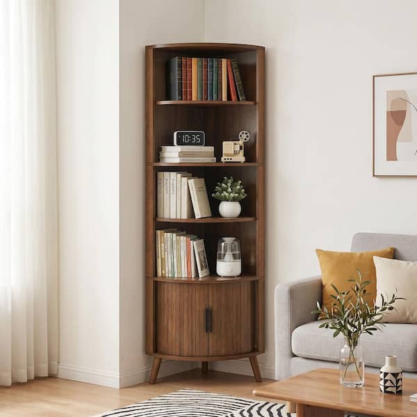 Modern 66.73 in. Tall Walnut Finish Engineered Wood Corner Bookcase with Sliding Doors and Open Shelves