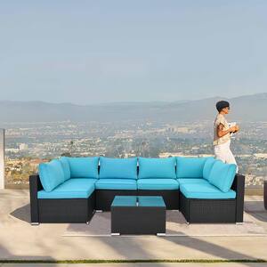 7-Piece Wicker Outdoor Sectional Set with Blue Cushion