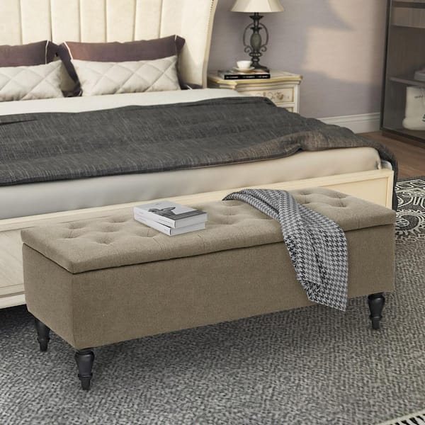 Maypex 45 in. W x 17 in. D x 17 in. H Beige Fabric Upholstered Flip Top Storage Bench with Turn Solid Wood Legs