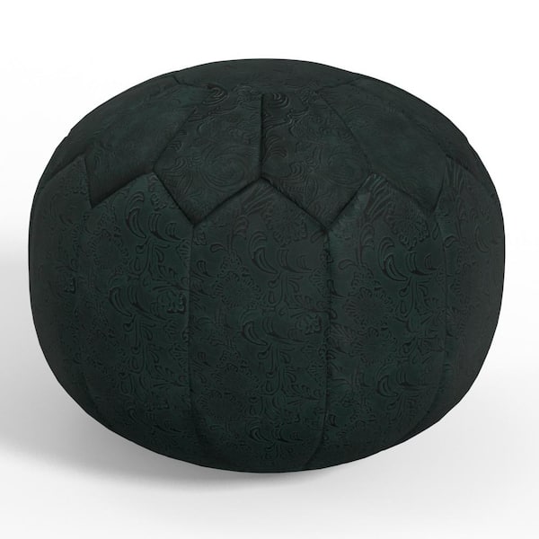 Simpli Home Drury Boho Round Pouf in Teal Patterened Genuine Leather