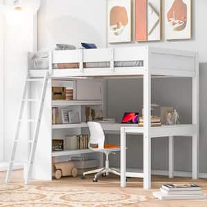 White Wooden Full Size Loft Bed with Desk and 3 Storage Shelves