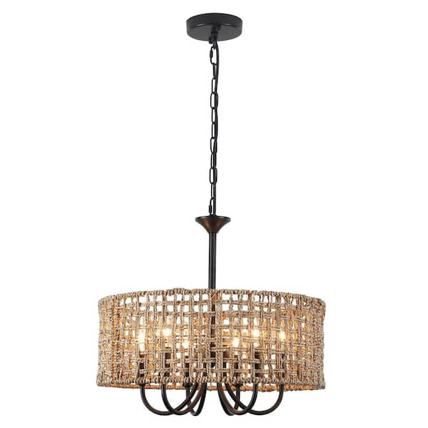 18 in. 6-Light Matte Black Bohemian Candle Drum Chandelier w/ Hand-Woven Natural Rattan Shade for Kitchen Island Hallway