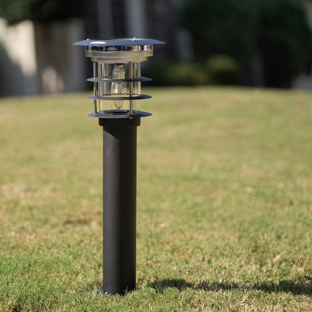 Black Stainless Steel LED Solar Pathway Bollard Lights, Set of 2