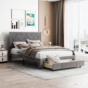 54.00 in. W Gray Frame Full Size Storage Bed Velvet Upholstered Platform Bed with a Big Drawer