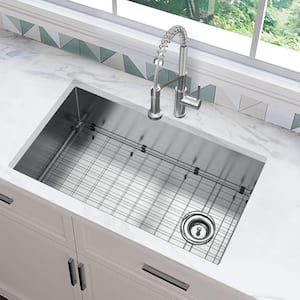 Zero Radius Undermount 16G Stainless Steel 32 in. Single Bowl Kitchen Sink with Offset Drain and Accessories