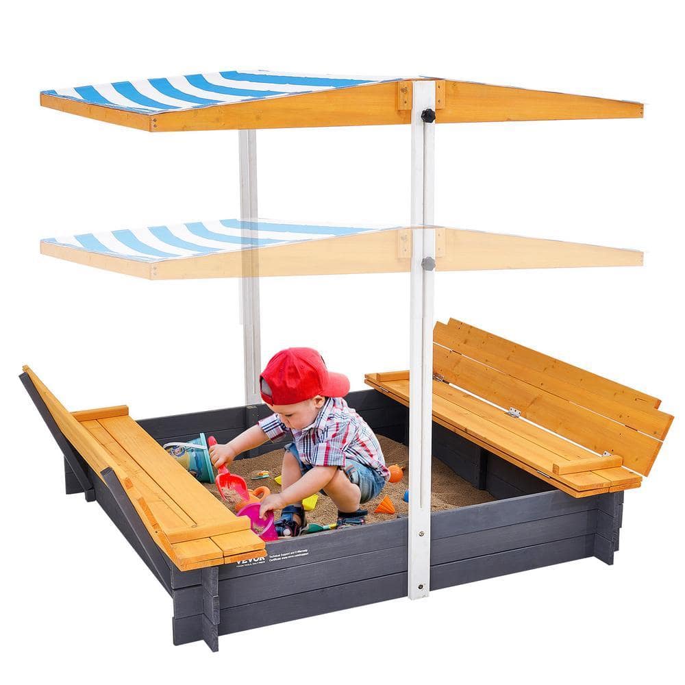 VEVOR Wooden Sandbox with Canopy, 4 ft. W x 3 ft. L Sandbox, Sand Pit with Foldable Bench Seats and Bottom Liner
