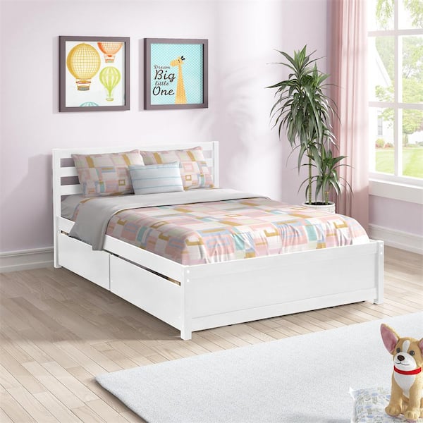 Full Size Wood Platform Bed with 4-Storage Drawers Wooden Bed Frame Full Platform Bed with Headboard