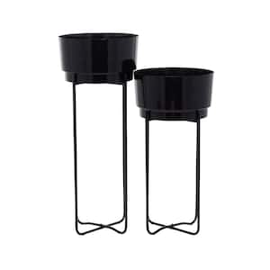 31 in., and 25 in. Extra Large Black Metal Planter with Removable Stand (2- Pack)