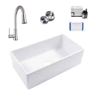 Bradstreet II 33 in. Farmhouse Apron Front Undermount Single Bowl White Fireclay Kitchen Sink with Pfirst Faucet Kit