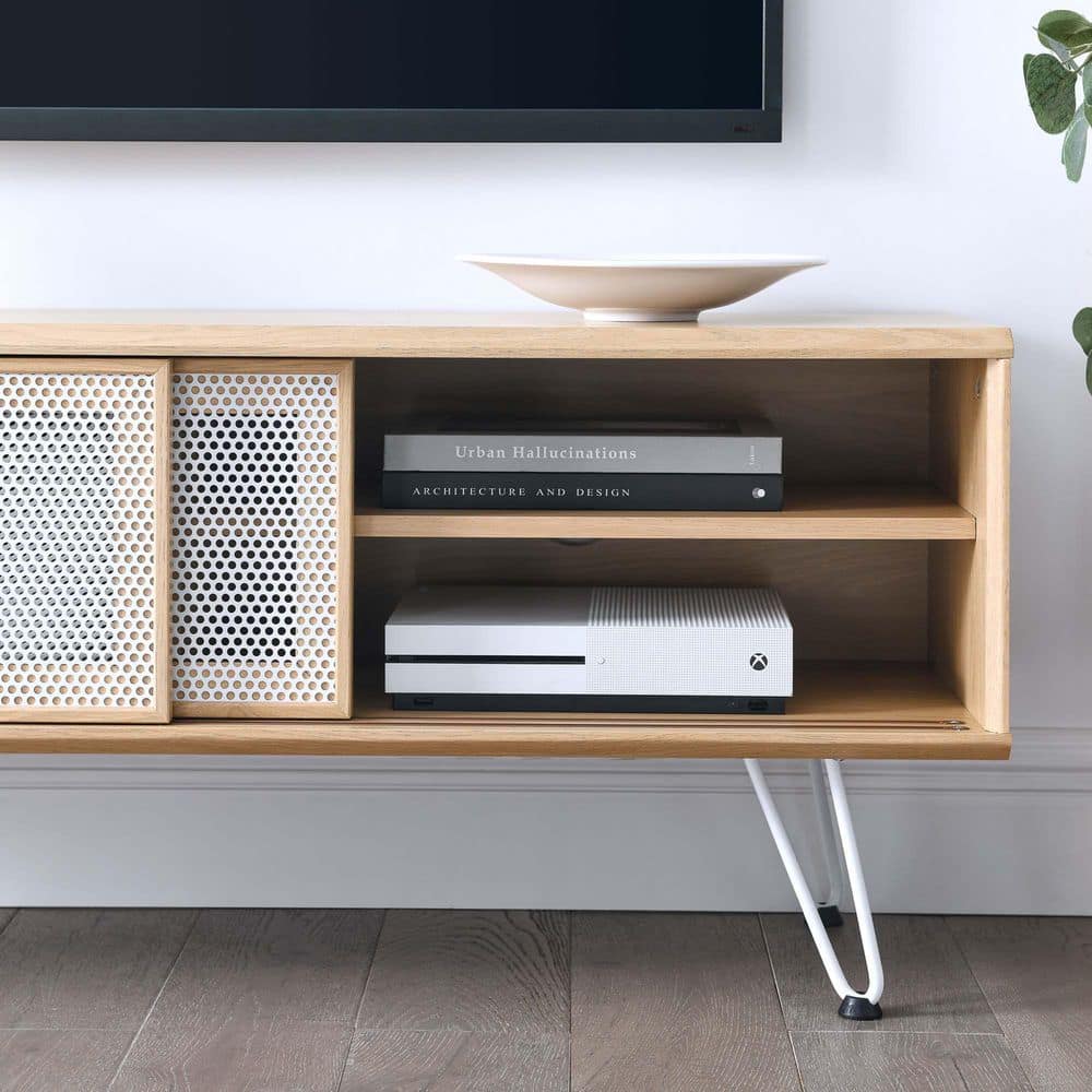 Nomad Oak Wood Grain Laminate TV Stand with White Mesh Doors