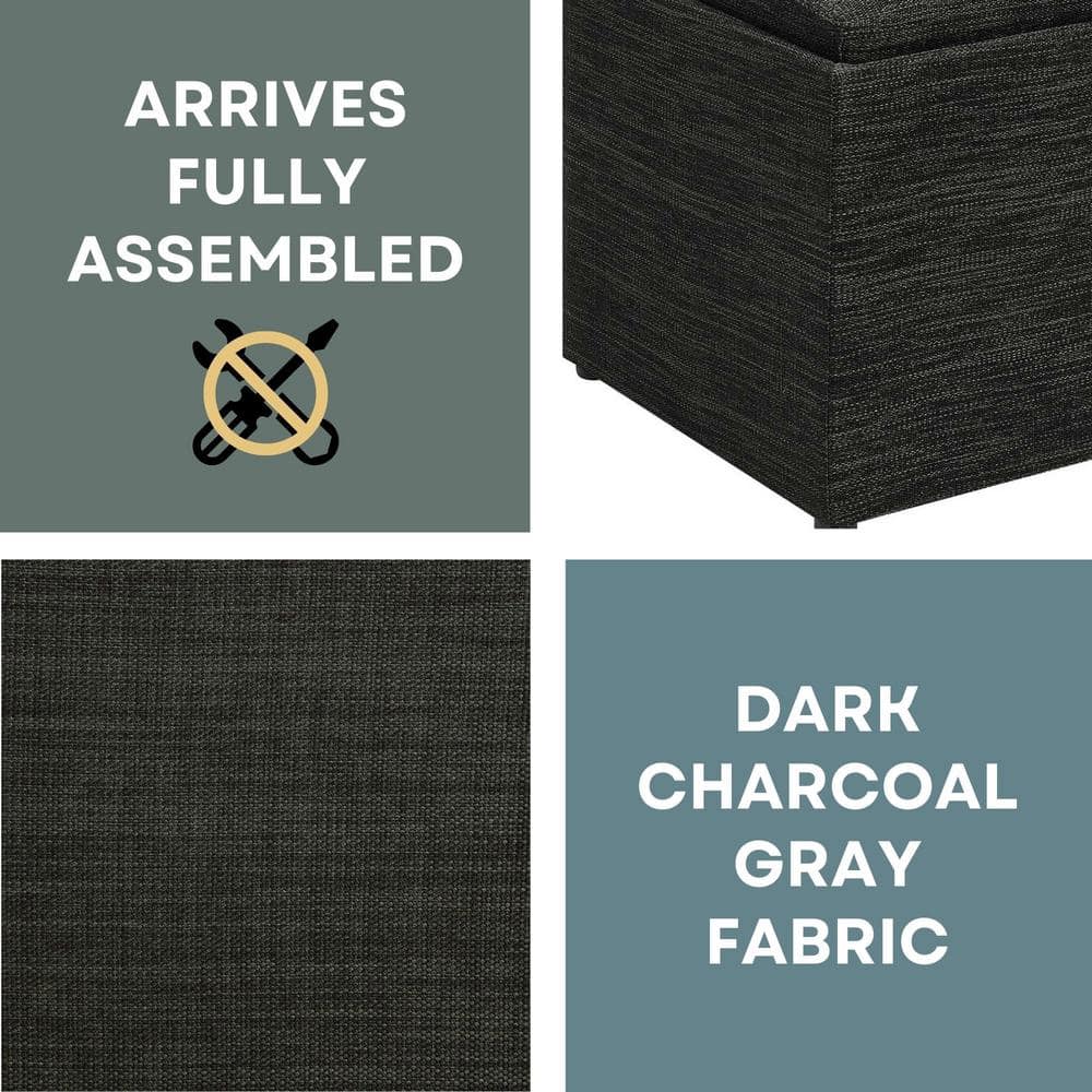 Modern Dark Charcoal Gray Fabric Storage Ottoman with Reversible Tray, 23"