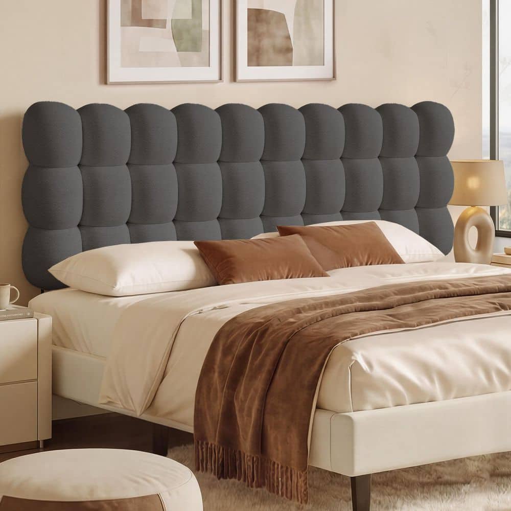 Gray King Size Teddy Fleece Cloud-Shape Upholstered Headboard with High-Density Foam-Soft Plush Bedhead for Bedroom