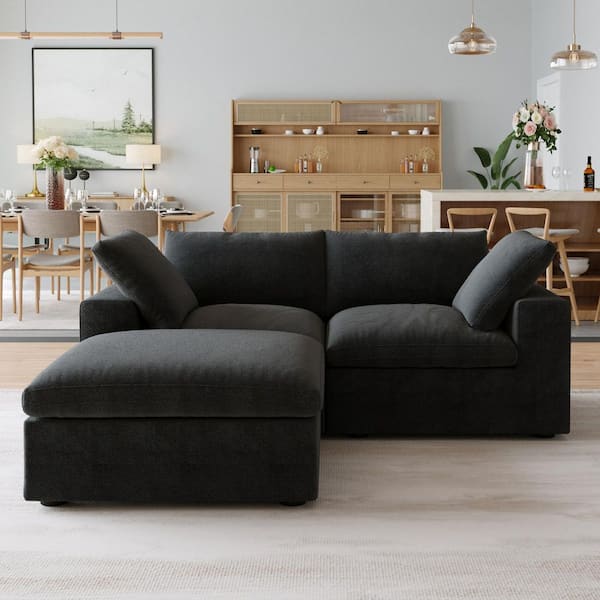 Unbranded Modular 80.3 in. Deep Seat Linen Sectional Sofa with Removable Covers and Cushions in. Black LoveSeat