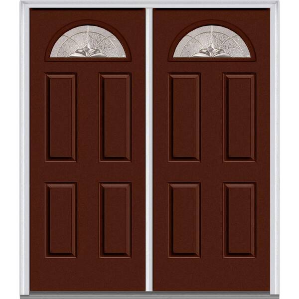 MMI Door 72 in. x 80 in. Heirloom Master Right-Hand Inswing Fan Lite Decorative Glass 4-Panel Painted Steel Prehung Front Door