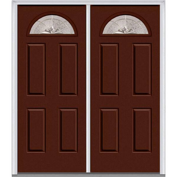 MMI Door 60 in. x 80 in. Heirloom Master Left-Hand Inswing Fan Lite Decorative Glass 4-Panel Painted Steel Prehung Front Door