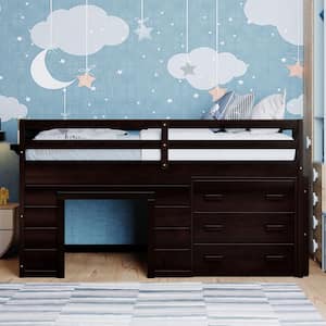 Brown Twin Size Low Loft Bed with 3 Large Drawers, Wooden Kids Loft Bed Frame with Cabinet and Shelf, Twin Kids Loft Bed
