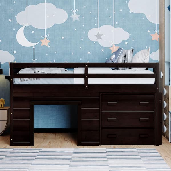ANBAZAR Brown Twin Size Low Loft Bed with 3 Large Drawers, Wooden Kids Loft Bed Frame with Cabinet and Shelf, Twin Kids Loft Bed