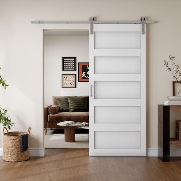 38 in. x 84 in. 5-Panel White Finished Composite Sliding Barn Door with Brushed Nickel Hardware Kit