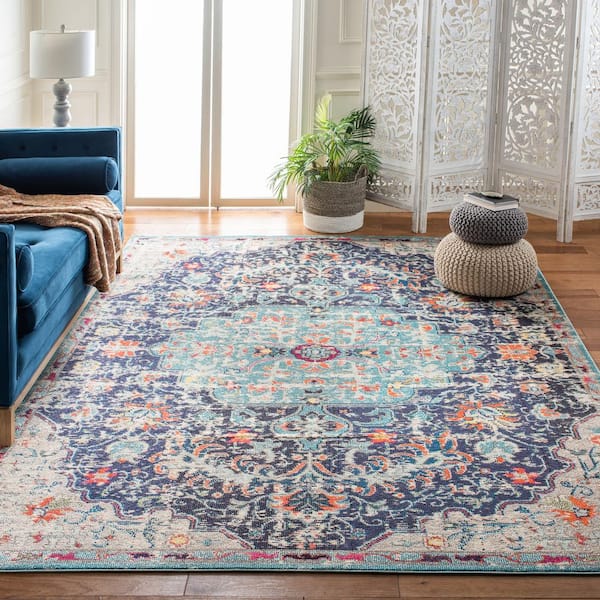 Madison Black/Teal 12 ft. x 15 ft. Border Geometric Floral Medallion Area Rug