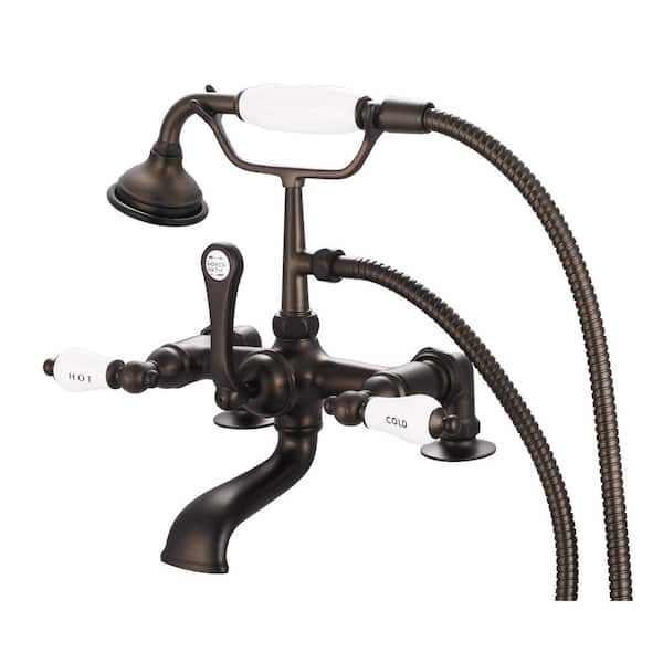 Water Creation 3-Handle Claw Foot Tub Faucet with Labeled Porcelain Lever Handles and Hand Shower in Oil Rubbed Bronze