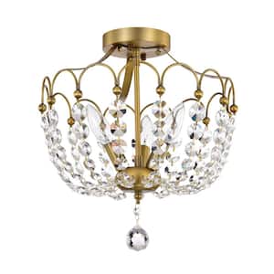 Eloise 13 in. 3-Light Vintage Brass Finish Glam Modern Semi-Flush Mount with Crystal Strands