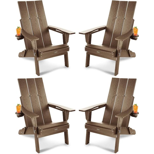 Mximu Oversized Teak HDPE Outdoor Plastic Folding Adirondack Chair with Cup Holder (Set of 4)
