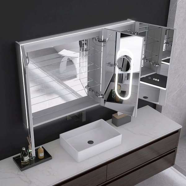 HHG 48 in. W x 32 in. H Rectangular Silver Aluminum Recessed/Surface Mount Medicine Cabinet with Mirror and LED