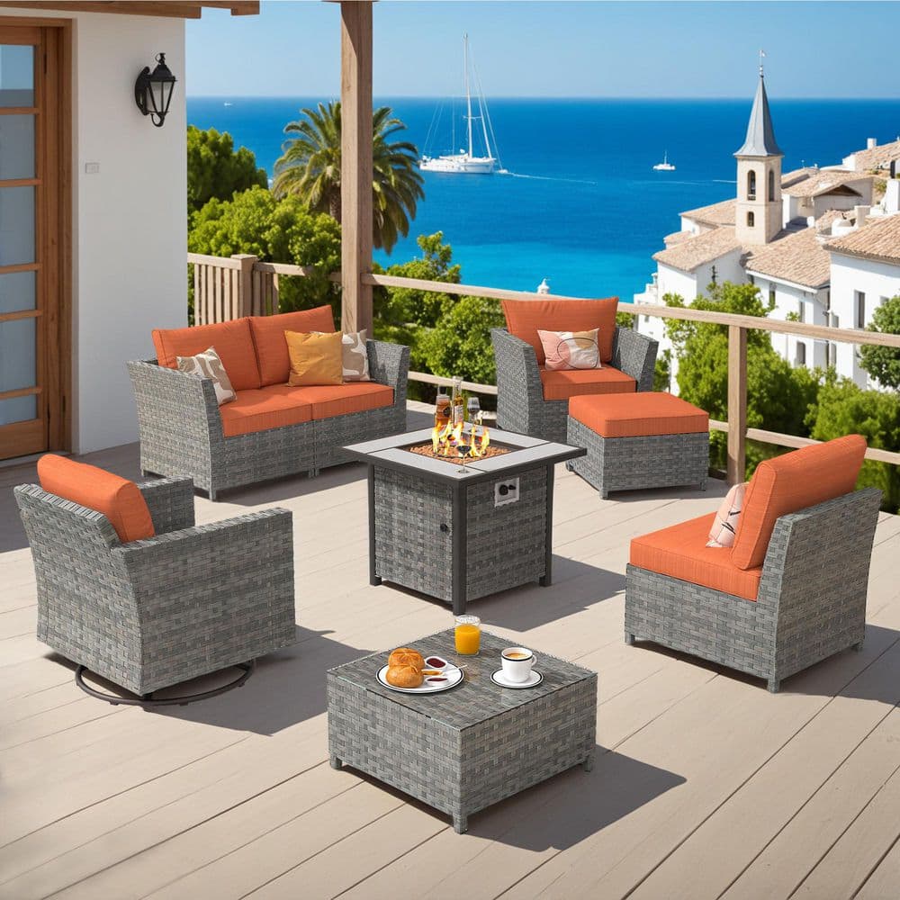 Bexley Gray 8-Piece Wicker Fire Pit Patio Conversation Seating Set with Orange Red Cushions and Swivel Chairs price history on PriceWatchPro