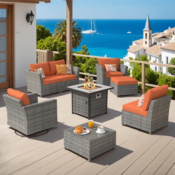 OVIOS Bexley Gray 8-Piece Wicker Fire Pit Patio Conversation Seating Set with Orange Red Cushions and Swivel Chairs