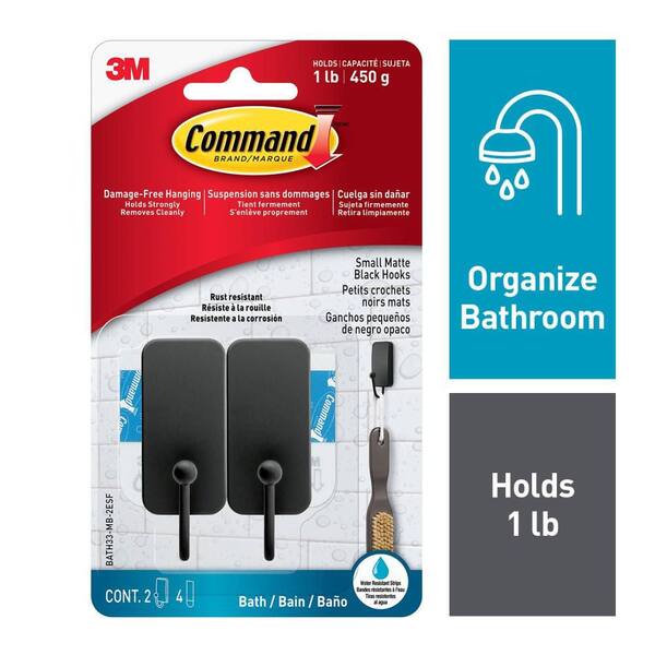 1 lb. Small Bath Hook, Matte Black, Damage Free Hanging, 2 Metal Hooks