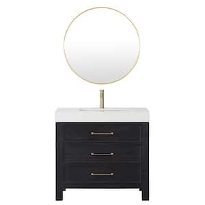Leon 36 in. W x 22 in. D x 34 in. H Single Bath Vanity in Fir Wood Black with White Composite Stone Top and Mirror