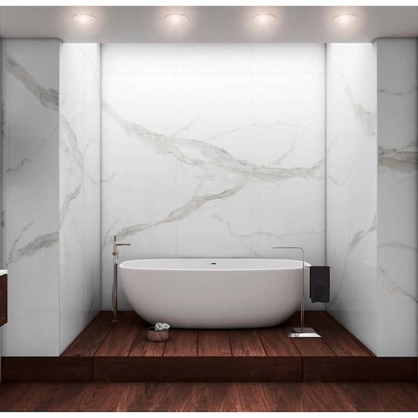 Thanos Ivory 32 in. W x 96 in. L Polished Porcelain Floor and Wall Tile (20.67 square feet /Case)