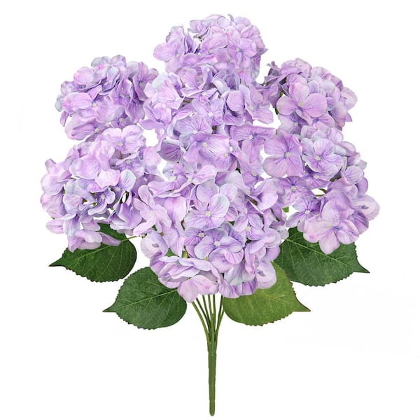LIVING LUXURY 20 in. Deluxe Natural-Look Purple Artificial Hydrangea Flower Stem Bush Bouquet (Set of 2)