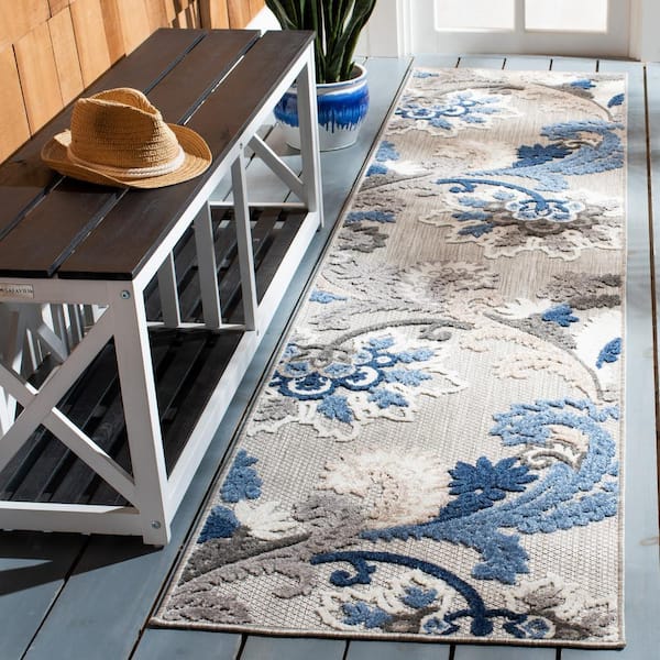 Cabana Gray/Blue 2 ft. x 13 ft. Floral Scroll Indoor/Outdoor Runner Rug