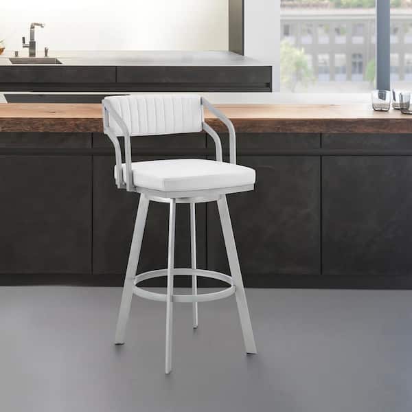 Armen Living Scranton 36 in. White Low Back Silver Metal 26 in. Swivel Bar Stool with Faux Leather Seat