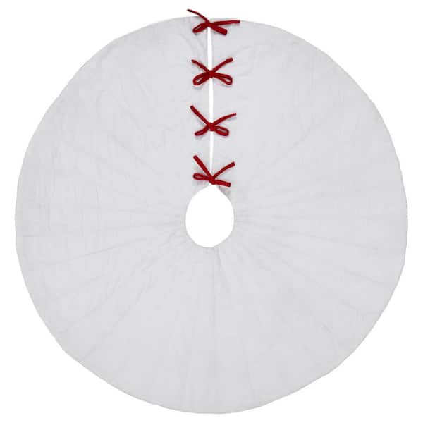 48 in. White Velvet Quilted Christmas Tree Skirt with Red Bow Ties