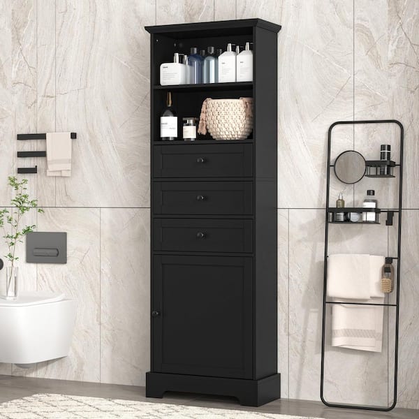 Jacob Black Wood 67.3 in. Bathroom Storage Cabinet with 3-Drawers and Adjustable Shelves