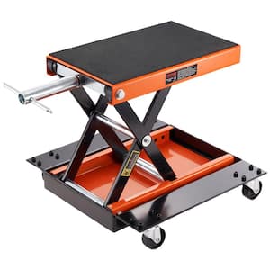 Motorcycle Jack Lift 1100 LBS. ATV Scissor Lift with Dolly, Center Hoist Hand Crank, Deck, Tool Tray for Bike Motorcycle