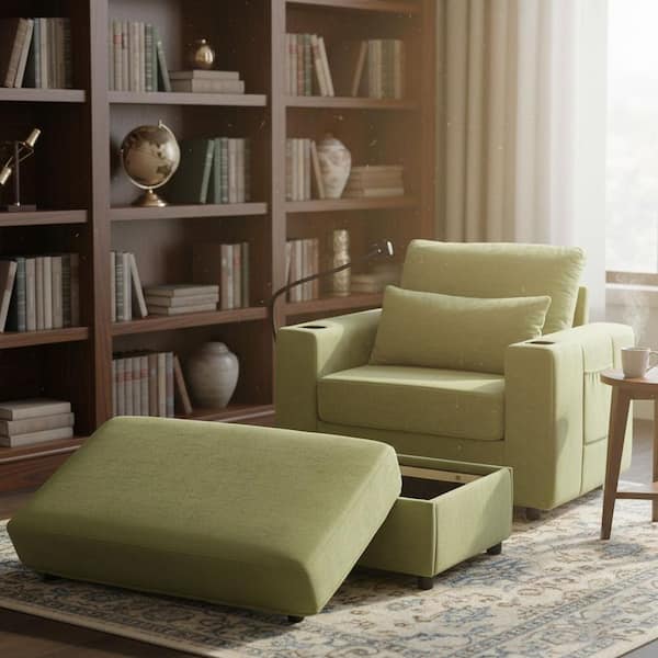 XZYDNJ 51.4 in. Straight Arm Chenille Rectangle Sofa with Convertible and Cup Holder & Storage & USB Port in Olive Green