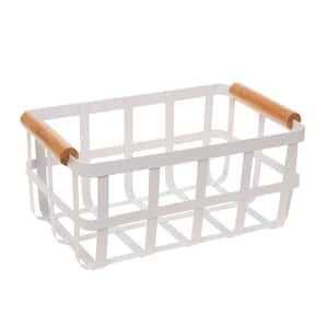 Metal Basket 4.92 in. H x 6.89 in. W with Bamboo Handles in White