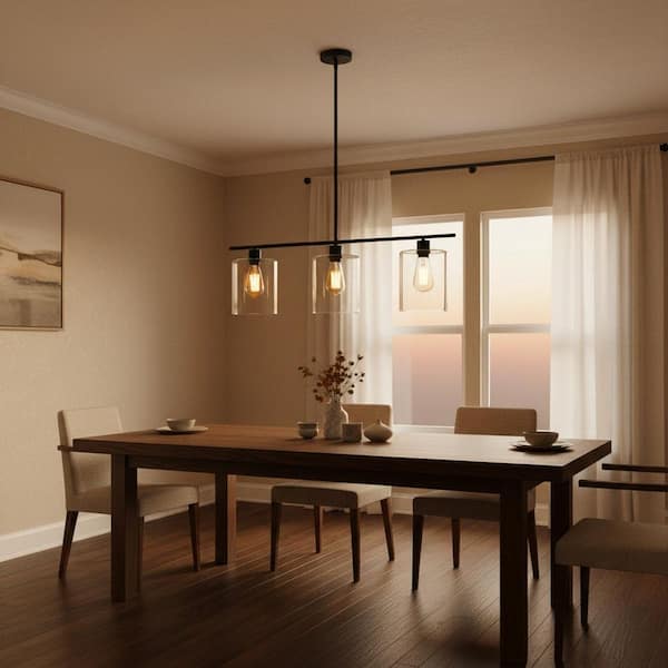 3-Light Black Island Pendant with Oversize Clear Glass Shades, DIY KD Hanging Light for Dining Room and Kitchen Island