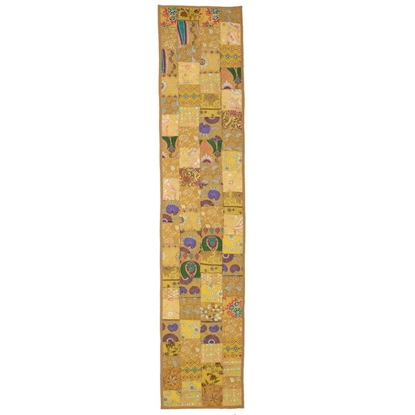 LR Home Timbuktu 16 in. H x 80 in. W Hand Crafted Gold Cotton and Poly Recycled Sari Table Runner