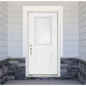 Legacy 32 in. x 80 in. Right-Hand/Inswing Half Lite Clear Glass Mini-Blind White Primed Fiberglass Prehung Front Door