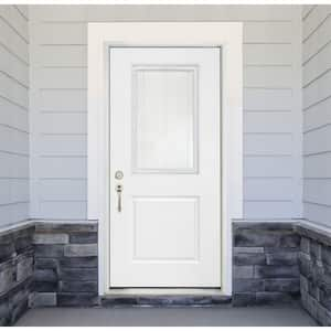 Legacy 36 in. x 80 in. Right-Hand/Inswing Half Lite Clear Glass Mini-Blind White Primed Fiberglass Prehung Front Door