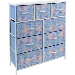 9-Drawer Tie-dye Blue Dresser with Steel Frame Wood Top Easy Pull Fabric Bins 39.5 in. L x 11.5 in. W x 39.5 in. H
