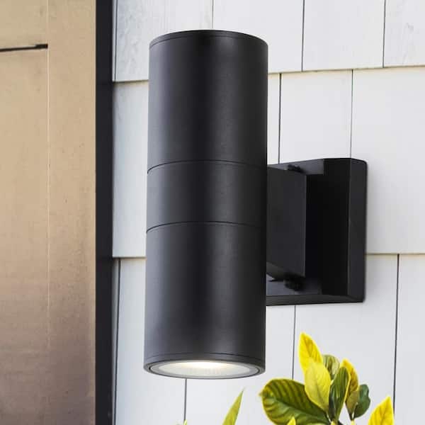 JONATHAN Y Duo Medium 9.75 in. Black Cylinder Integrated LED Outdoor Metal/Glass Sconce with Uplight