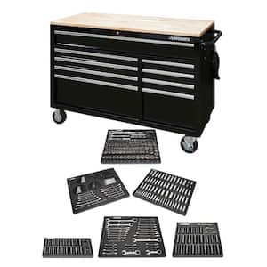 52 in. W x 25 in. D 9-Drawer Gloss Black Mobile Workbench Tool Chest with Mechanics Tool Set in Foam (370-Piece)