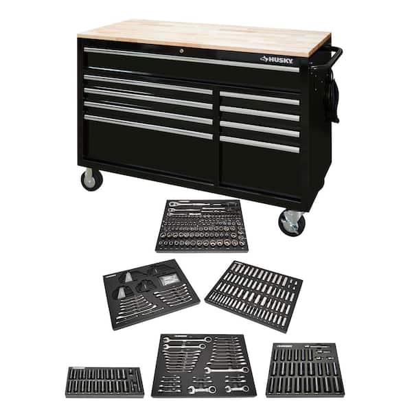 Husky 52 in. W x 25 in. D 9-Drawer Gloss Black Mobile Workbench Tool Chest with Mechanics Tool Set in Foam (370-Piece)