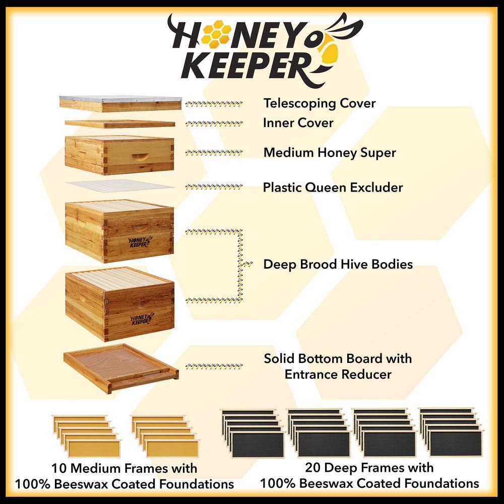 Honey Keeper 3-Tier Wooden Beehive Kit with Waxed Foundations