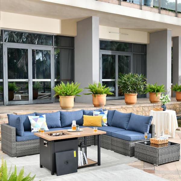 Toject Sanibel Gray 8-Piece Wicker Outdoor Patio Conversation Sofa Seating Set with a Storage Fire Pit and Denim Blue Cushions
